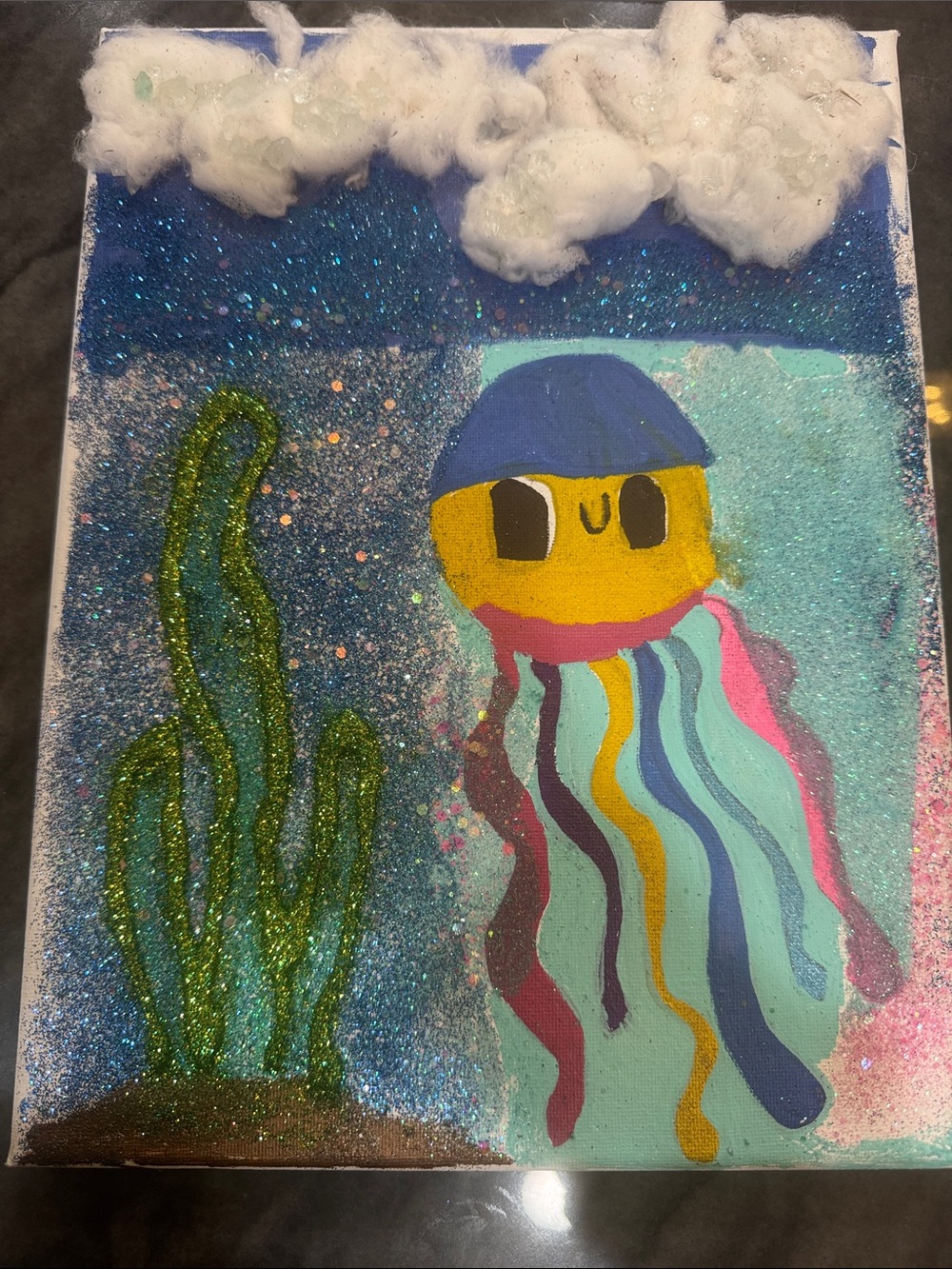 KENNA CANVAS Handmade Glitter Jellyfish Canvas Art in Blue and Yellow